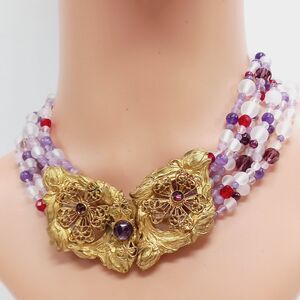 Vintage Masterpiece Art Glass & Ornate Golden Buckle Clasp Necklace